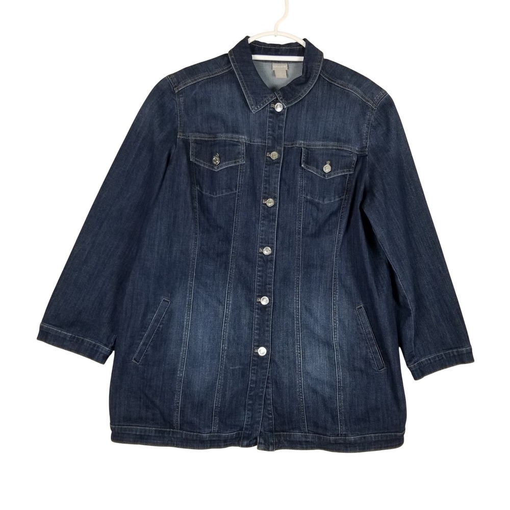 Chico's Denim Jacket Womens 4 20/22 Dark Blue Indigo Stretch Button Up Classic